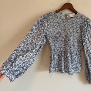 Floral Smocked Peplum Top Women XS Blue White Long Sleeve Cottagecore Feminine